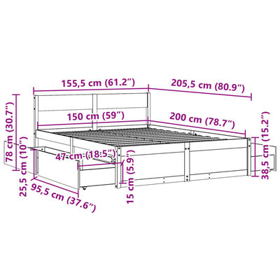 vidaXL Rúmgrind án Dýnu Vaxbrúnn 150x200 cm Gegnheil Fura