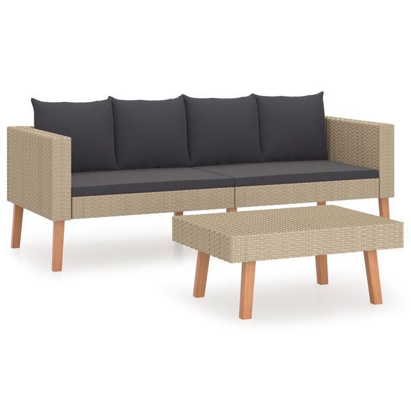 vidaXL 2ja garðsetustofusett með púðum Poly Rattan Beige