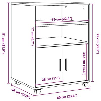 vidaXL Skápur á Hjólum Steypugrár 60x48x81 cm Samsettur Viður