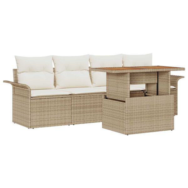 vidaXL Gar&eth;s&oacute;fa sett me&eth; p&uacute;&eth;i 5 pcs Beige og krem p&oacute;l&yacute;rattan