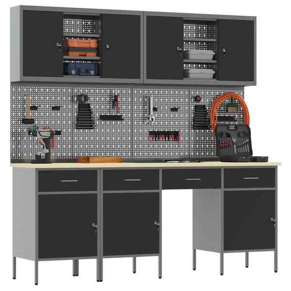 vidaXL Vinnusk&aacute;pur me&eth; sk&uacute;ffu 10 pcs Svartur Vinnslutr&eacute; og st&aacute;li
