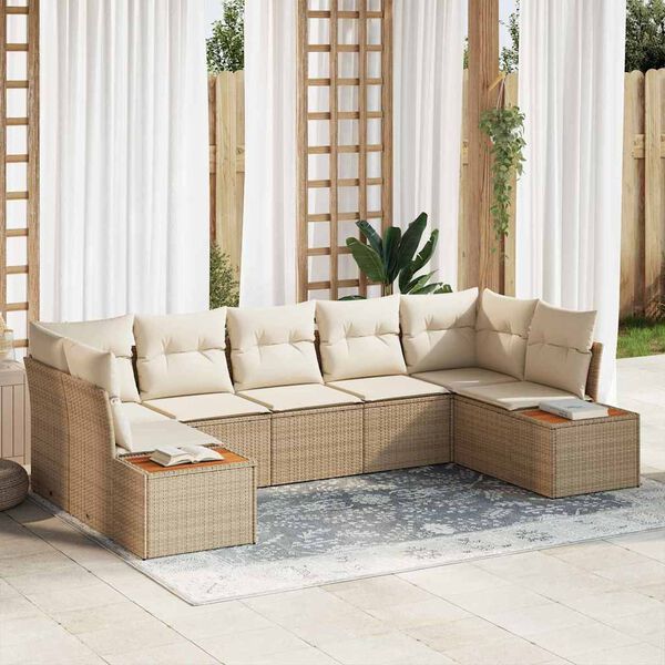 vidaXL Gar&eth;s&oacute;fa sett me&eth; p&uacute;&eth;i 7 pcs Beige og krem P&oacute;l&yacute;rattan