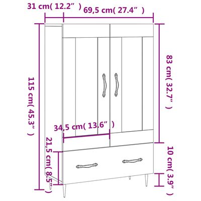 vidaXL Hár Skápur Hvítur 69,5x31x115 cm Samsettur Viður