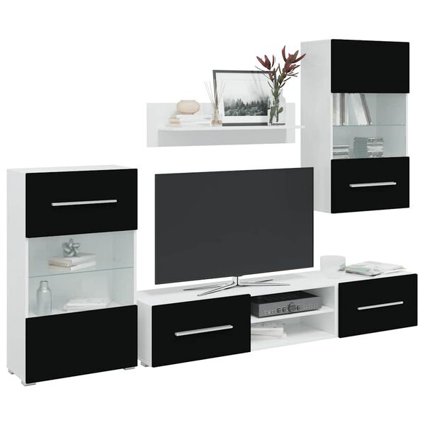 vidaXL Veggfest Sjónvarpseining með LED-ljósum Fimm Parta Svört