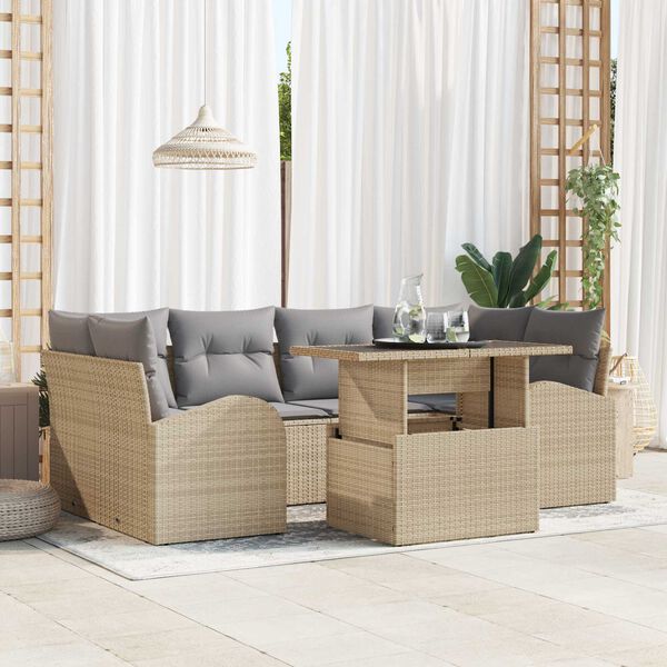 vidaXL Gar&eth;s&oacute;fa sett me&eth; p&uacute;&eth;i me&eth; kodda 7 pcs Drapplita&eth;ur Poly Rattan