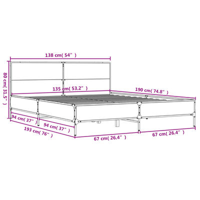 vidaXL Rúmgrind án Dýnu Reyktóna Eikarlitur 135x190 cm