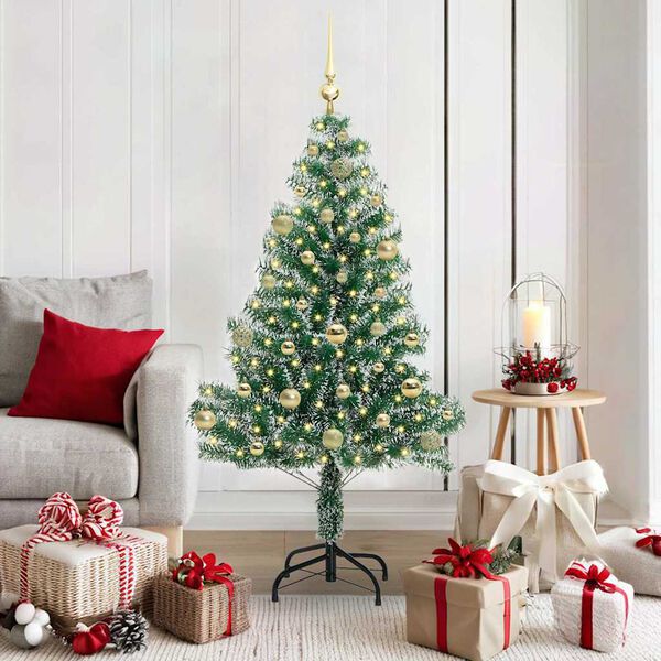 vidaXL Gervij&oacute;latr&eacute; me&eth; Snj&oacute;fl&ouml;kt og LED Lj&oacute;s Gr&aelig;nn og hv&iacute;tur 150 cm