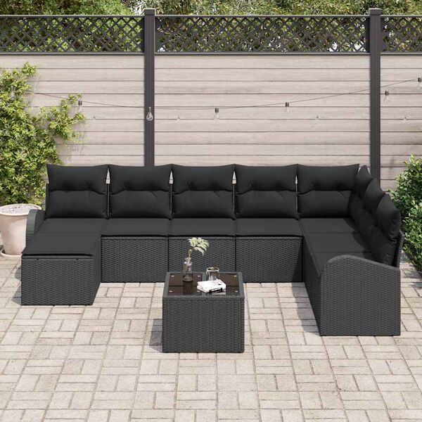 vidaXL Garðsófa sett með púði 9 pcs Svartur Poly rattan