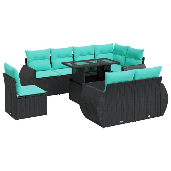 vidaXL 9 stykki gar&eth;s&oacute;fasett me&eth; p&uacute;&eth;um Black Poly Rattan Acacia