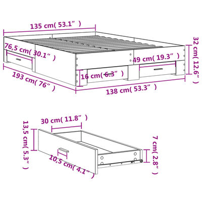 vidaXL Rúmgrind með Skúffum Reyklituð Eik 135x190cm Samsettur Viður