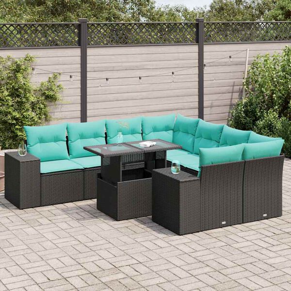 vidaXL 9 stykki gar&eth;s&oacute;fasett me&eth; p&uacute;&eth;um Black Poly Rattan Acacia