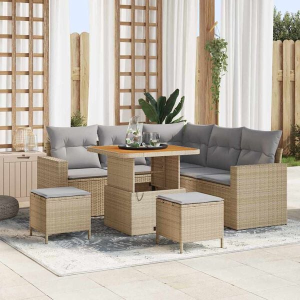 vidaXL Gar&eth;s&oacute;fa sett me&eth; p&uacute;&eth;i 9 pcs Beige og lj&oacute;sgr&aacute;r p&oacute;l&yacute;rattan