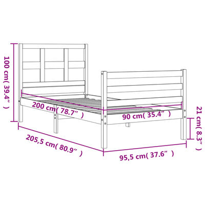 vidaXL Rúmgrind án Dýnu 90x200 cm Gegnheil Viður