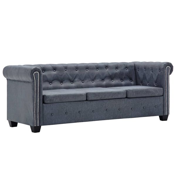 vidaXL Chesterfield S&oacute;fasett Gervir&uacute;skinn Gr&aacute;r