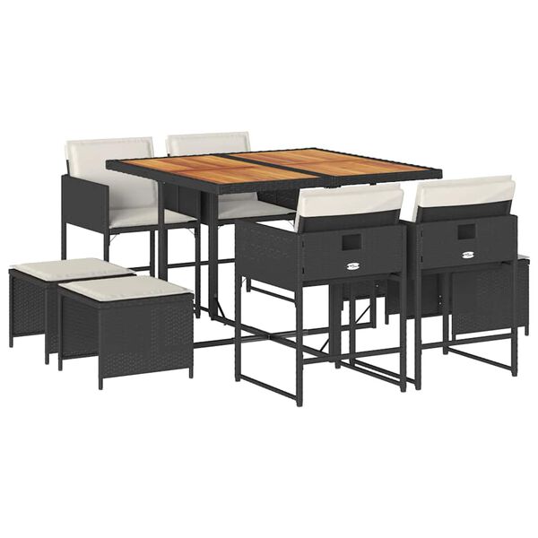 vidaXL 9 Stk. Gar&eth;h&uacute;sgagnasett me&eth; P&uacute;&eth;um P&oacute;l&yacute;rattan Svart