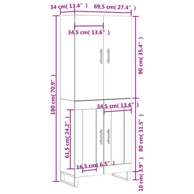 vidaXL Hár Skápur Hvítur 69,5x34x180 cm Samsettur Viður