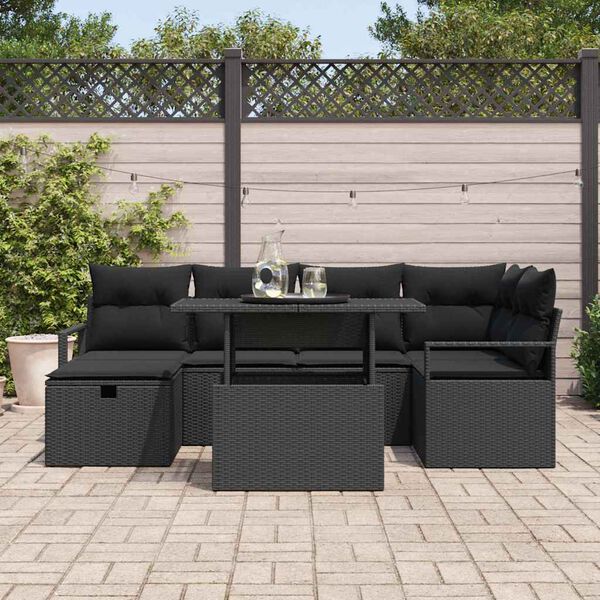 vidaXL Gar&eth;s&oacute;fa sett me&eth; p&uacute;&eth;i me&eth; geymslu 7 pcs Svartur Poly rattan
