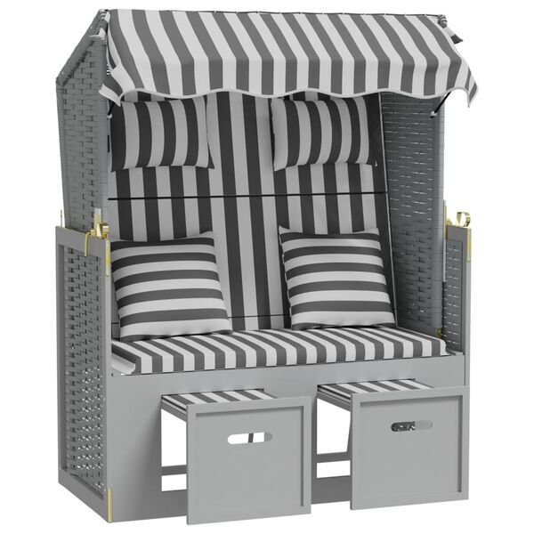 vidaXL Strandbekkur me&eth; P&uacute;&eth;um P&oacute;l&yacute;rattan Gegnheill Vi&eth;ur Gr&aacute;r & Hv&iacute;tur