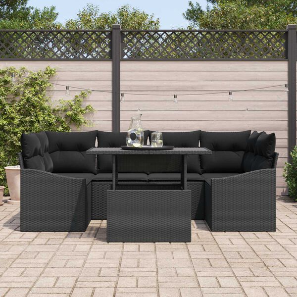 vidaXL Gar&eth;s&oacute;fa sett me&eth; geymslu 7 pcs Svartur Poly rattan