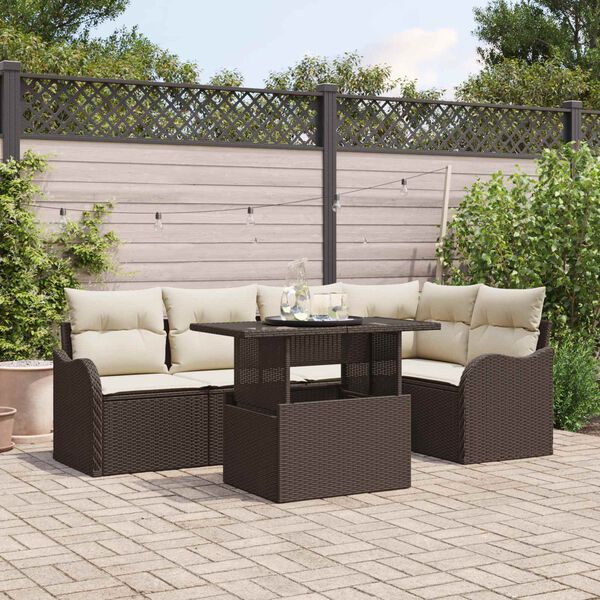 vidaXL Gar&eth;s&oacute;fa sett me&eth; p&uacute;&eth;i me&eth; kodda 6 pcs Br&uacute;nn Poly Rattan