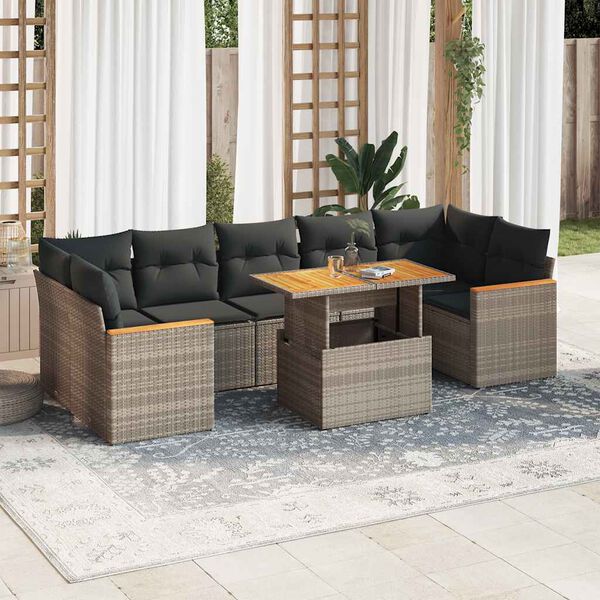 vidaXL 8 stykki garðsófasett með púðum Grey Poly Rattan Acacia