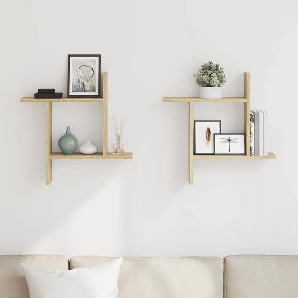 vidaXL Vegghillur 2 stk. Sonoma Eik 50x12x50 cm Samsettur Vi&eth;ur