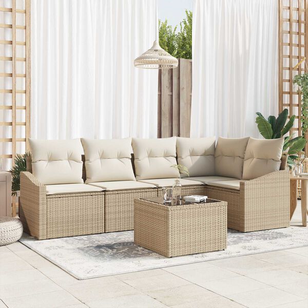 vidaXL S&oacute;fasett me&eth; p&uacute;&eth;i me&eth; geymslu 6 pcs Beige og krem p&oacute;l&yacute;rattan