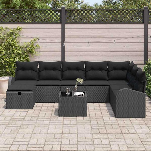 vidaXL Gar&eth;s&oacute;fa sett me&eth; p&uacute;&eth;i me&eth; geymslu 9 pcs Svartur Poly rattan