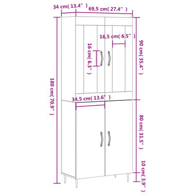 vidaXL Hár Skápur Grár Sonoma 69,5x34x180 cm Samsettur Viður