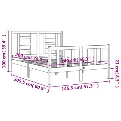 vidaXL Rúmgrind með Höfuðgafli Hvít 140x200 cm Gegnheill Viður