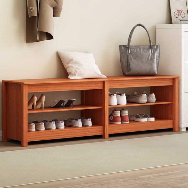 vidaXL Skóbekkur með hillu Vaxbrúnn 160 x 36,5 x 50 cm Gegnheil fura