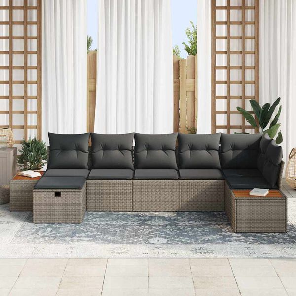vidaXL Gar&eth;s&oacute;fa sett me&eth; kodda 7 pcs Gr&aacute;r Poly rattan