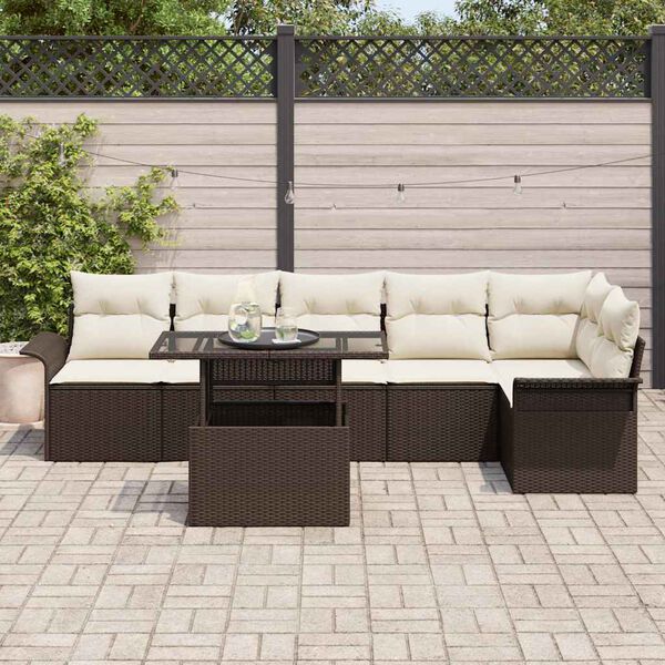 vidaXL Gar&eth;s&oacute;fa sett me&eth; p&uacute;&eth;i 7 pcs Br&uacute;nn Poly rattan