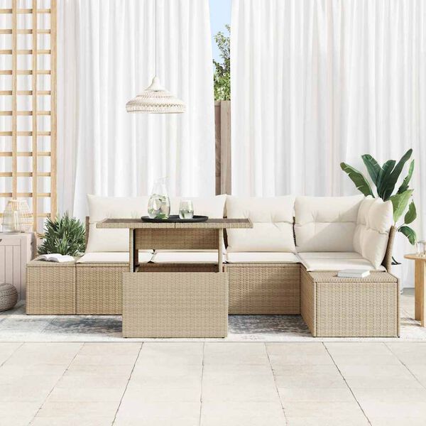 vidaXL Garðsófa sett með púði 6 pcs Drapplitaður pólýrattan
