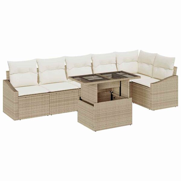 vidaXL Gar&eth;s&oacute;fa sett me&eth; p&uacute;&eth;i 7 pcs Beige og krem p&oacute;l&yacute;rattan