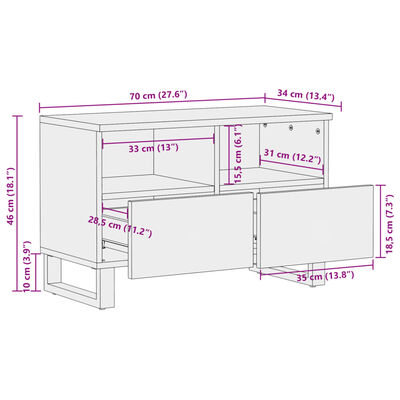 vidaXL Sjónvarpsskápur Hvítur 70x34x46 cm Gegnheill Mangóviður