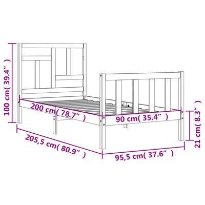 vidaXL Rúmgrind með Höfuðgafli 90x200 cm Gegnheil viðar