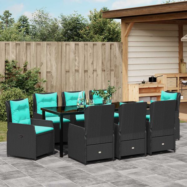vidaXL Gar&eth;ur bor&eth;sett 9 pcs Svartur Poly rattan