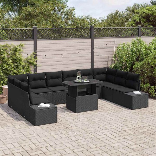 vidaXL Garðsófa sett með geymslu 11 pcs Svartur Poly rattan