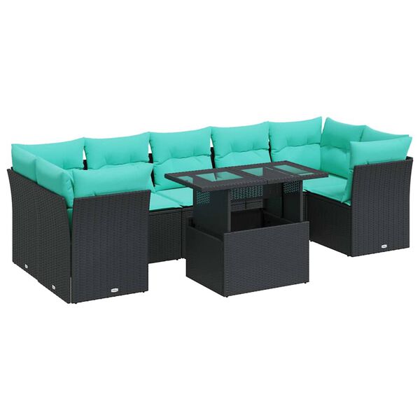 vidaXL 8 stykki gar&eth;s&oacute;fasett me&eth; p&uacute;&eth;um Black Poly Rattan Acacia