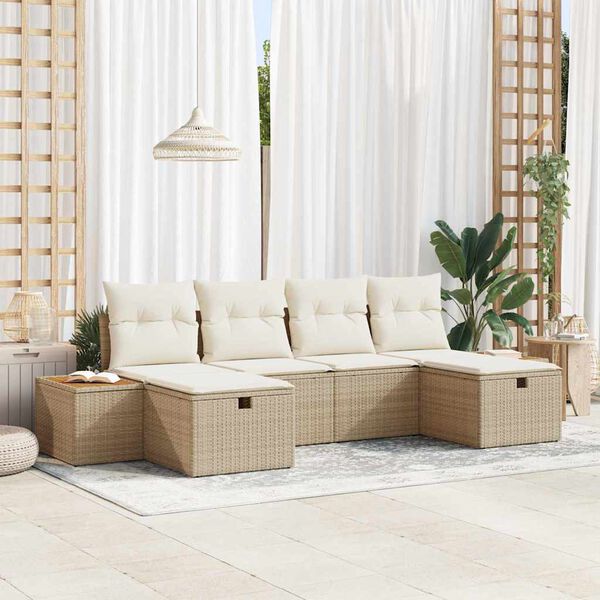 vidaXL Gar&eth;s&oacute;fa sett me&eth; kodda 6 pcs Drapplita&eth;ur Poly rattan