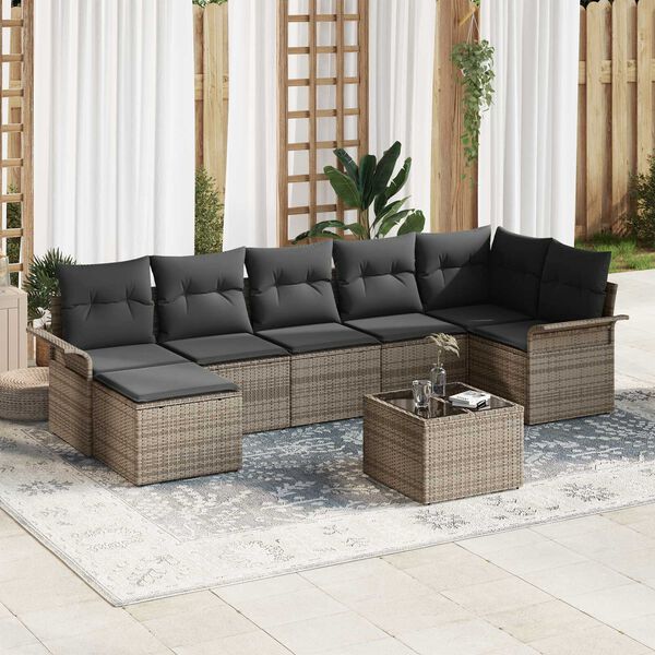 vidaXL Gar&eth;s&oacute;fa sett me&eth; p&uacute;&eth;i me&eth; geymslu 8 pcs Gr&aacute;r Poly rattan