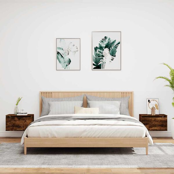 vidaXL Veggfest Náttborð með LED Ljósum 2 stk. Reyklituð Eik