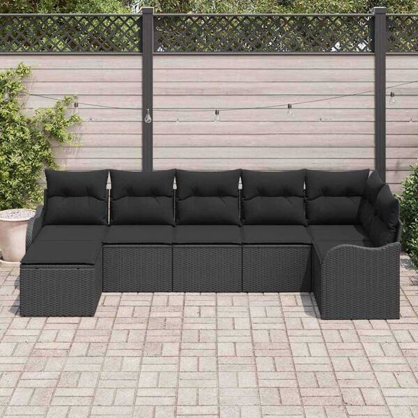 vidaXL Gar&eth;s&oacute;fa sett me&eth; p&uacute;&eth;i 7 pcs Svartur Poly rattan