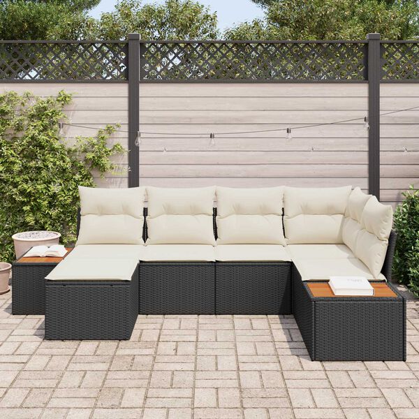 vidaXL Gar&eth;s&oacute;fa sett me&eth; p&uacute;&eth;i 6 pcs Svartur og krem Poly Rattan