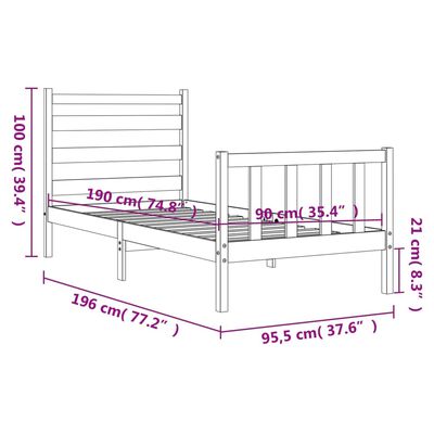 vidaXL Rúmgrind með Höfuðgafli Hvítur 90x190 cm Gegnheill Viður