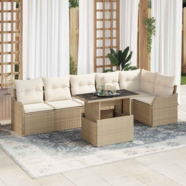 vidaXL Gar&eth;s&oacute;fa sett me&eth; p&uacute;&eth;i 7 pcs Drapplita&eth;ur Poly rattan