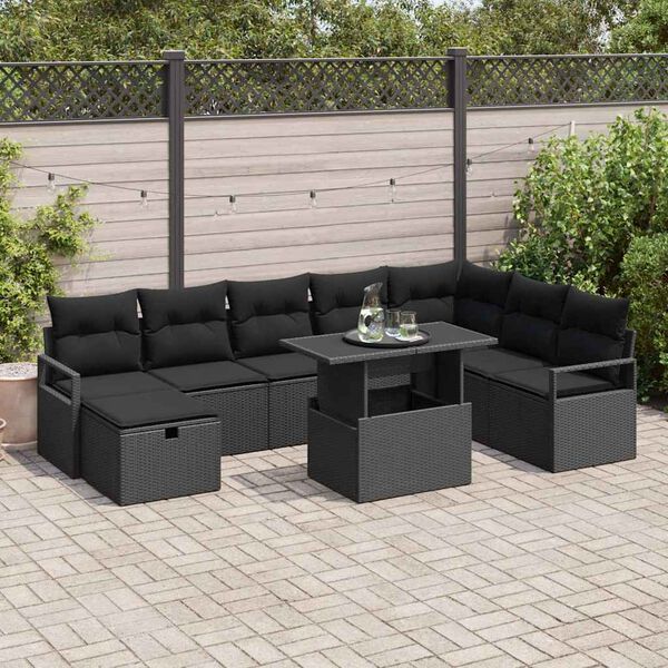 vidaXL Gar&eth;s&oacute;fa sett me&eth; p&uacute;&eth;i me&eth; geymslu 9 pcs Svartur Poly rattan