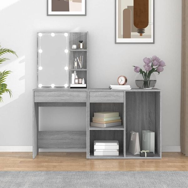 vidaXL Snyrtiborðssett með LED Grátt Sonoma Samsettur Viður