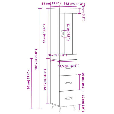 vidaXL Hár Skápur Steypugrár 34,5x34x180 cm Samsettur Viður